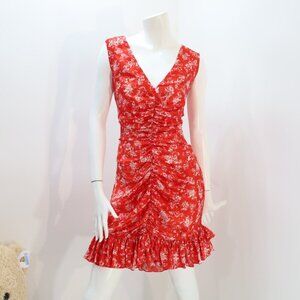Caroline Constas Red Floral V-Neck Ruched Dress with Ruffle Hem - Size Large